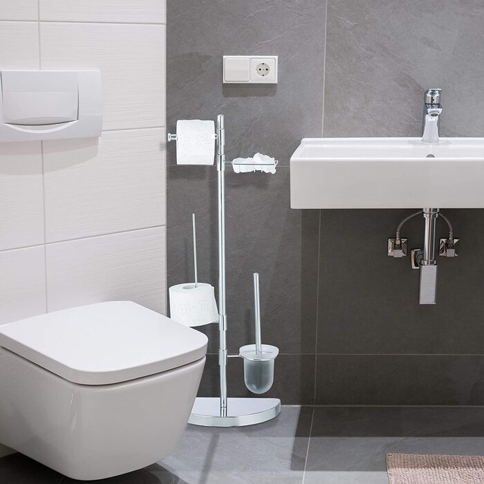 Relaxdays, Chrom Garnitur universal, Rollenhalter, WC-Bürste mit Behälter, Ablage, 360° drehbare Elemente, 86 cm hoch