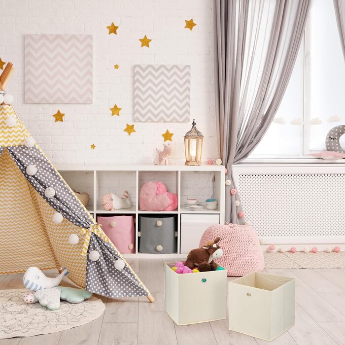 Relaxdays Aufbewahrungsbox, 4er Set, faltbar, H x B x T: 30 x 30 x 30 cm, Stoffbox mit Griffloch, Regalbox offen, Creme