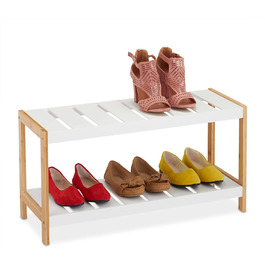 Relaxdays Schuhregal, 2 Ebenen, für 6 Paar Schuhe, offen, Schuhständer HBT: 36 x 70 x 26 cm, MDF, Bambus, Weiß, Hellbraun