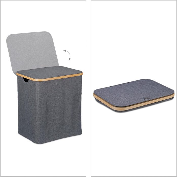 Relaxdays Wäschekorb mit Deckel, 130 l, Wäschesammler Bambus & Polyester, tragbar, atmungsaktiver Wäschesack,  90 10, (50.5 x 45 x 35.5 cm, Grau/Natur)