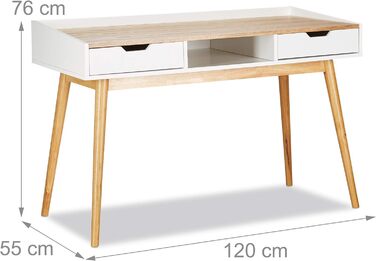Relaxdays Schreibtisch, weiß-braun, skandinavisches Design, 2 Schubladen, HxBxT: 76x120x55cm