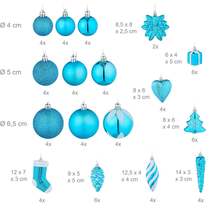 Relaxdays Weihnachtskugeln 72er Set, glitzernd/matt/glänzend, Stiefel/Herz/Zapfen, Kunststoff (Petrol)