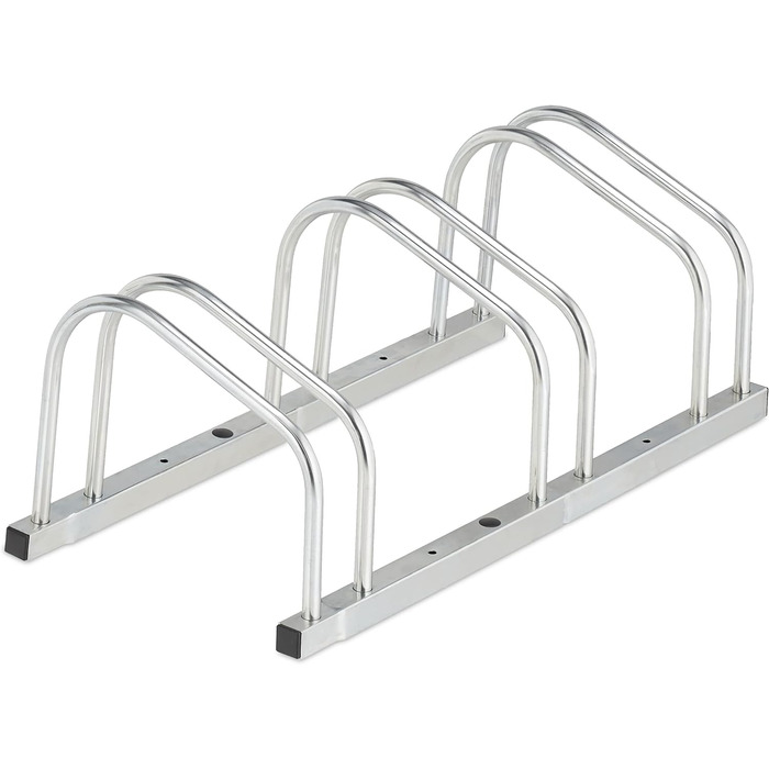 Relaxdays Fahrradständer Boden, für 3 Fahrräder, bis 50 mm Reifenbreite, Metall, Garage, Fahrrad-Aufstellständer, silber