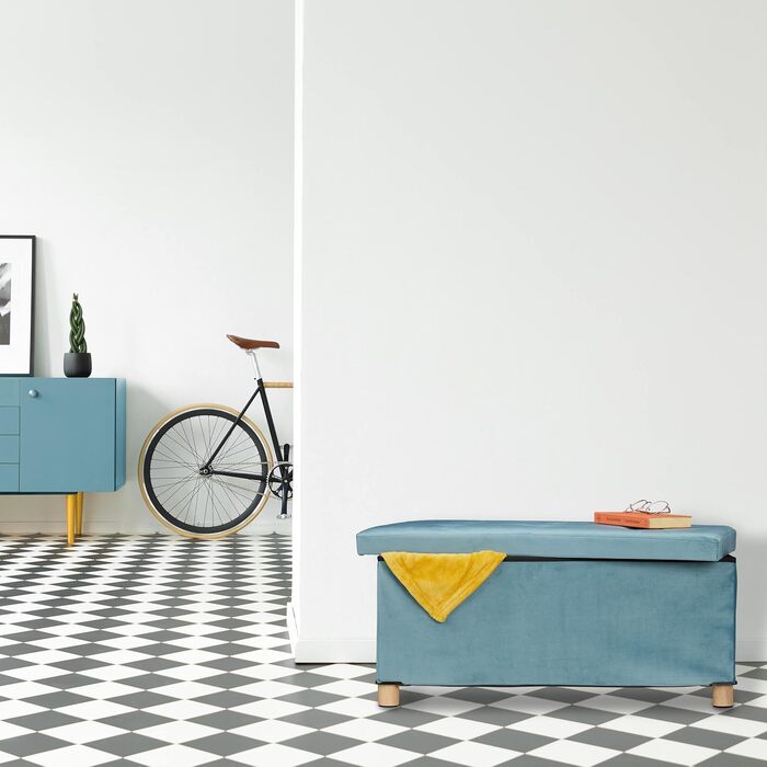 Relaxdays Sitzbank mit Stauraum, Samt, Holzfüße, bis 120 kg, faltbar, 34x76x38 cm, Türkis