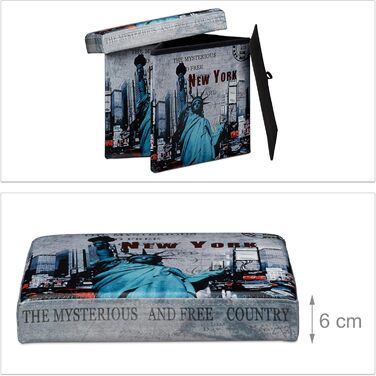 Relaxdays Faltbarer Sitzhocker 38 cm, stabiler Sitzwürfel, Kunstleder, Stauraum, New York Motiv