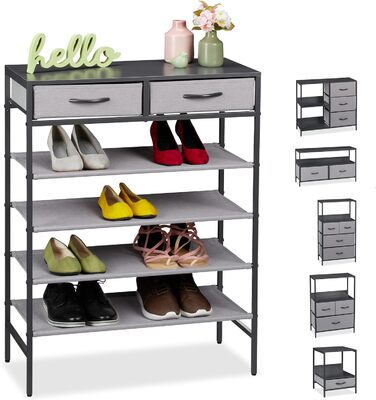Relaxdays Schuhregal, 2 Schubladen, 4 Ablagen, 12 Paar Schuhe, offen, MDF, Stahl, HBT 95x72,5x35,5 cm, grau Design E