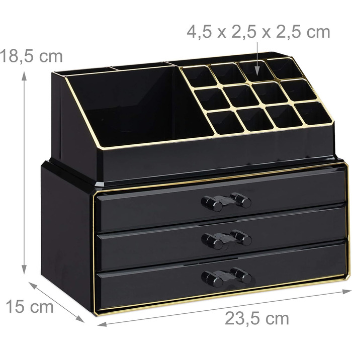 Relaxdays Make Up Organizer, 2-teilig, mit Schmuckkästchen, 3 Schubladen, Kunststoff, HBT 18,5x23,5x15 cm, schwarz-gold