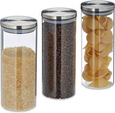 Relaxdays Vorratsglas 3er Set, luftdicht, Edelstahl Deckel, für Pasta, Müsli & Reis, 1,5 l Küchenbehälter, Silbertransparent,
