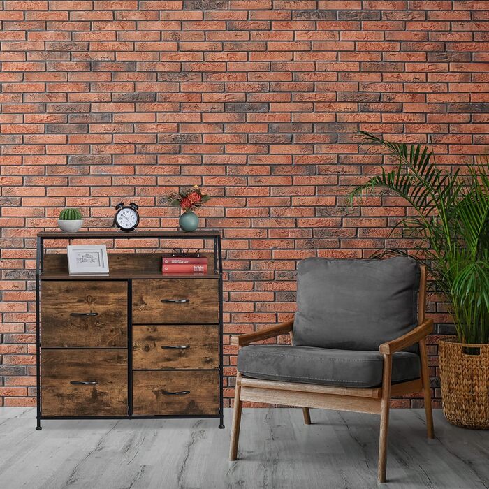 Relaxdays Kommode, 5 Schubladen, 2 Ablagen, Industrial, 87x84x32 cm, braun/schwarz