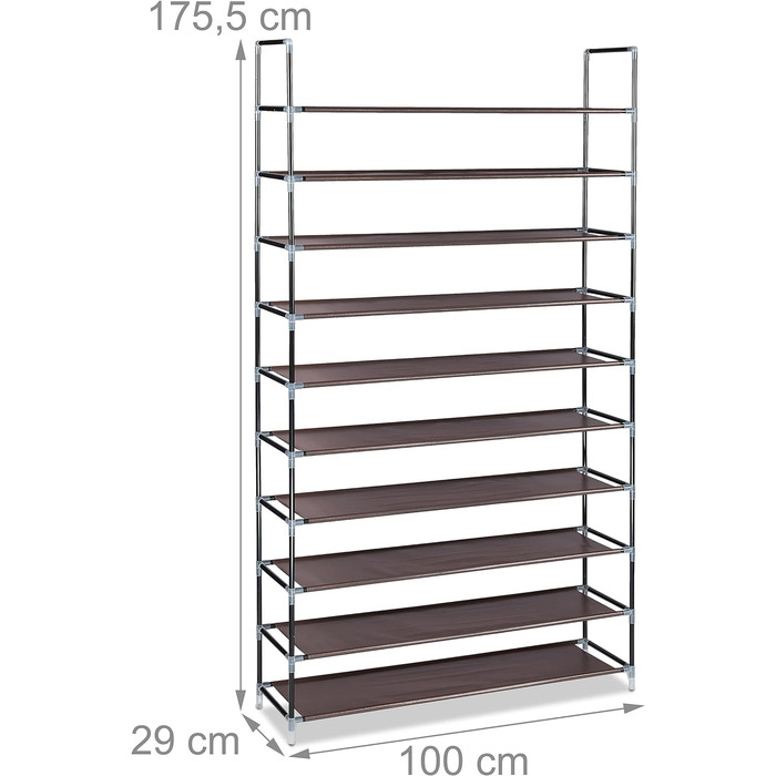Relaxdays Schuhregal Stoff, HBT: 175,5x100x29 cm, für 50 Paar Schuhe, 10 Etagen, Stecksystem, XXL Schuhgestell, (Braun)