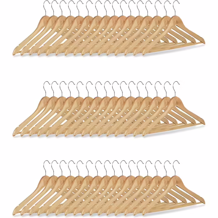 Relaxdays 84 x Kleiderbügel, Hosenbügel aus Holz, Garderobenbügel, Haken 360° drehbar, HxB: 22,5x44,5cm, Holzbügel, /Silber (1, Natur, 48er Pack)