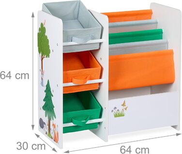 Relaxdays Kinderregal mit 3 Boxen, 4 Taschen, 1 Fach, HBT: 64x64x30 cm, Spielzeugregal Kinderzimmer, bunt