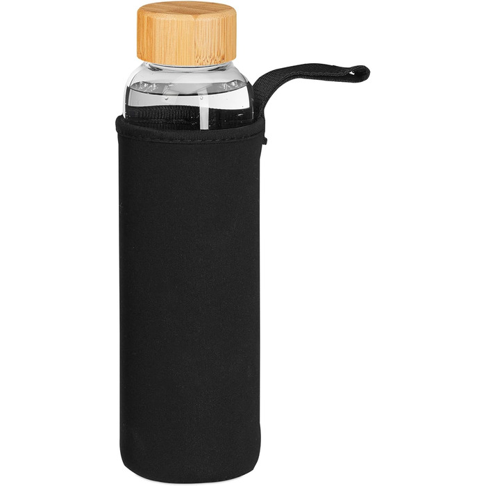 Relaxdays Trinkflasche mit Bambusdeckel, 6er Set, 500 ml, Wasserflasche mit Hülle, Borosilikatglas, transparent/schwarz 6er Set Transparent/ Schwarz