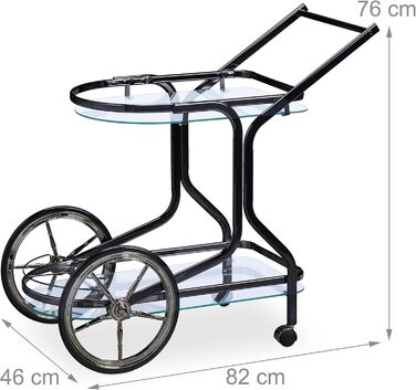 Relaxdays Servierwagen, 2 Ablagen, 76x46x82 cm, Glas & Eisen, Beistellwagen auf Rollen, schwarz