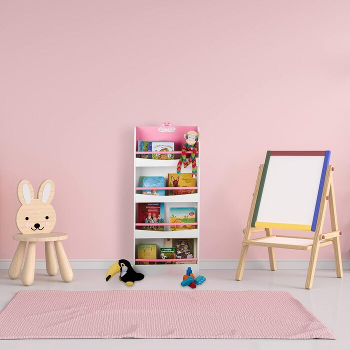 Relaxdays Bücherregal Kinder, HxBxT: 124 x 50,5 x 15 cm, 4 Fächer, MDF, Kinderbücherregal mit Schwan-Motiv, weiß/rosa