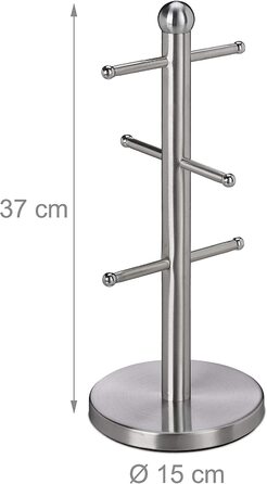 Relaxdays Tassenhalter, mit 6 Stangen, zum Hinstellen, Edelstahl, für Kaffeebecher, Küche, runder Tassenbaum, silber
