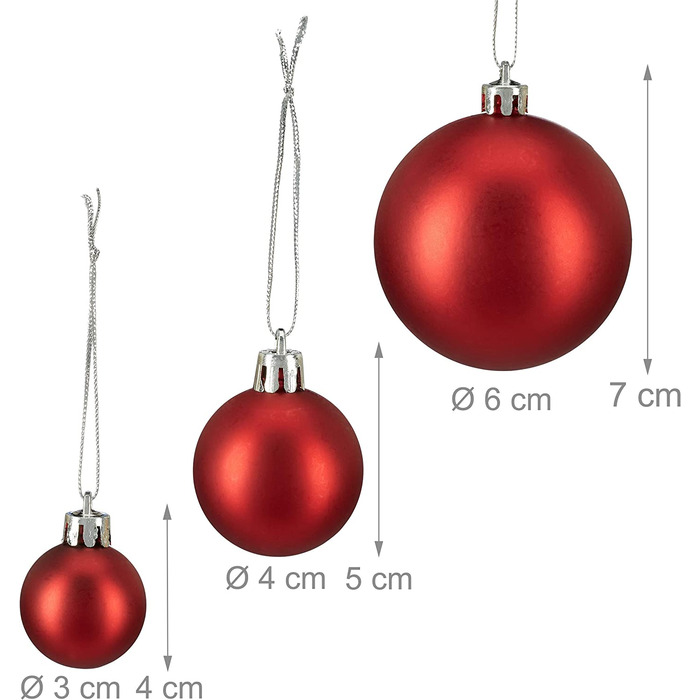 Relaxdays Weihnachtskugeln, 100er Set, Weihnachtsdeko, matt, glänzend, glitzernd, Christbaumkugel ∅ 3, 4 & 6 cm, (Rot)