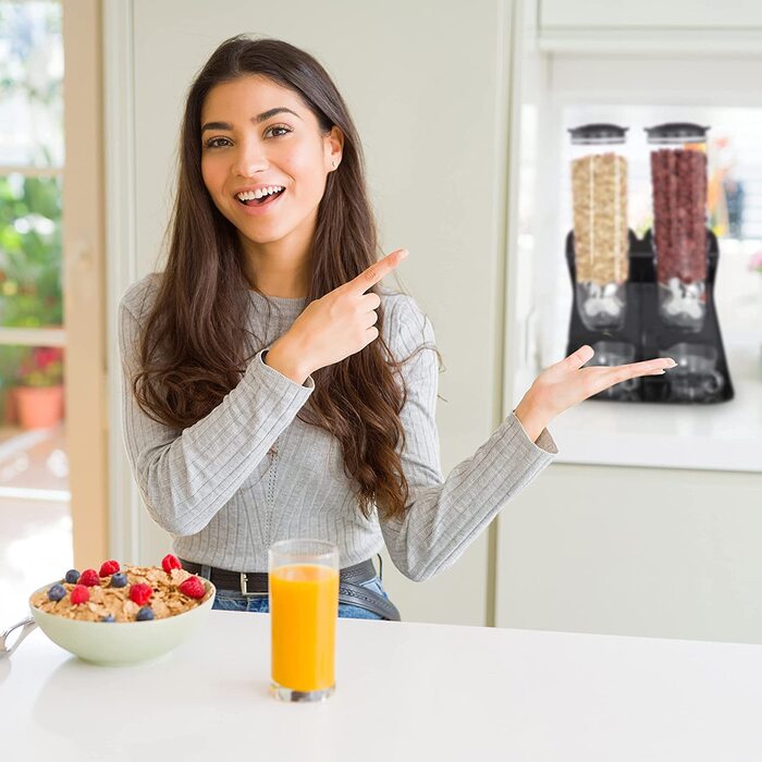 Relaxdays Müslispender doppelt, Cerealienspender für Müsli, Cornflakes, Süßigkeiten, Snackspender Kunststoff, schwarz