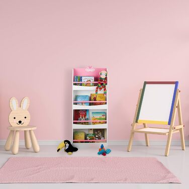 Relaxdays Bücherregal Kinder, HxBxT: 124 x 50,5 x 15 cm, 4 Fächer, MDF, Kinderbücherregal mit Schwan-Motiv, weiß/rosa